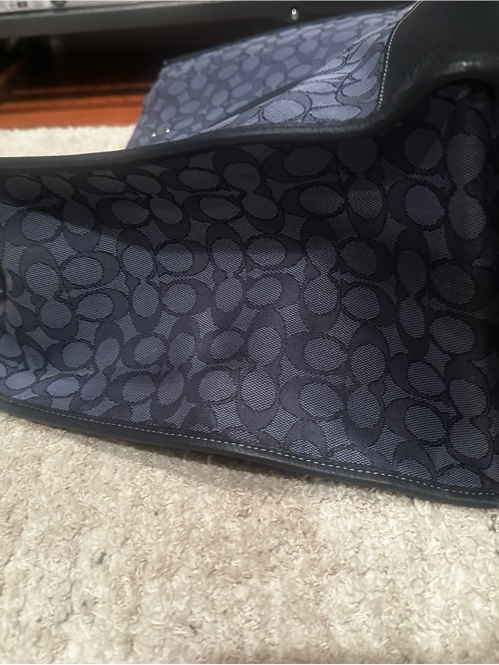 Coach Navy Signature Jacquard Tote Bag with Leather Trim & Center Stripe - Picture 5 of 11